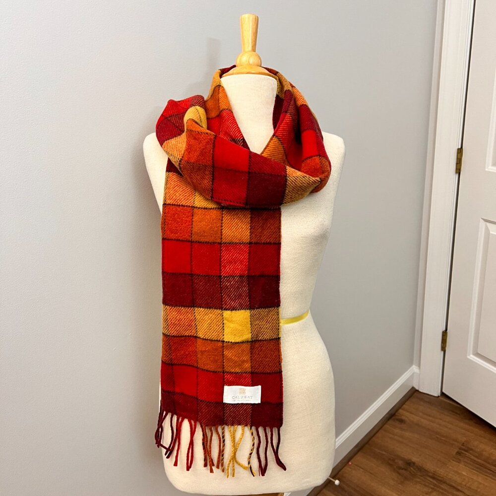 Calzeat of Scotland Border Lambswool Scarf Red Yellow Color Block Plaid - Picture 2 of 8